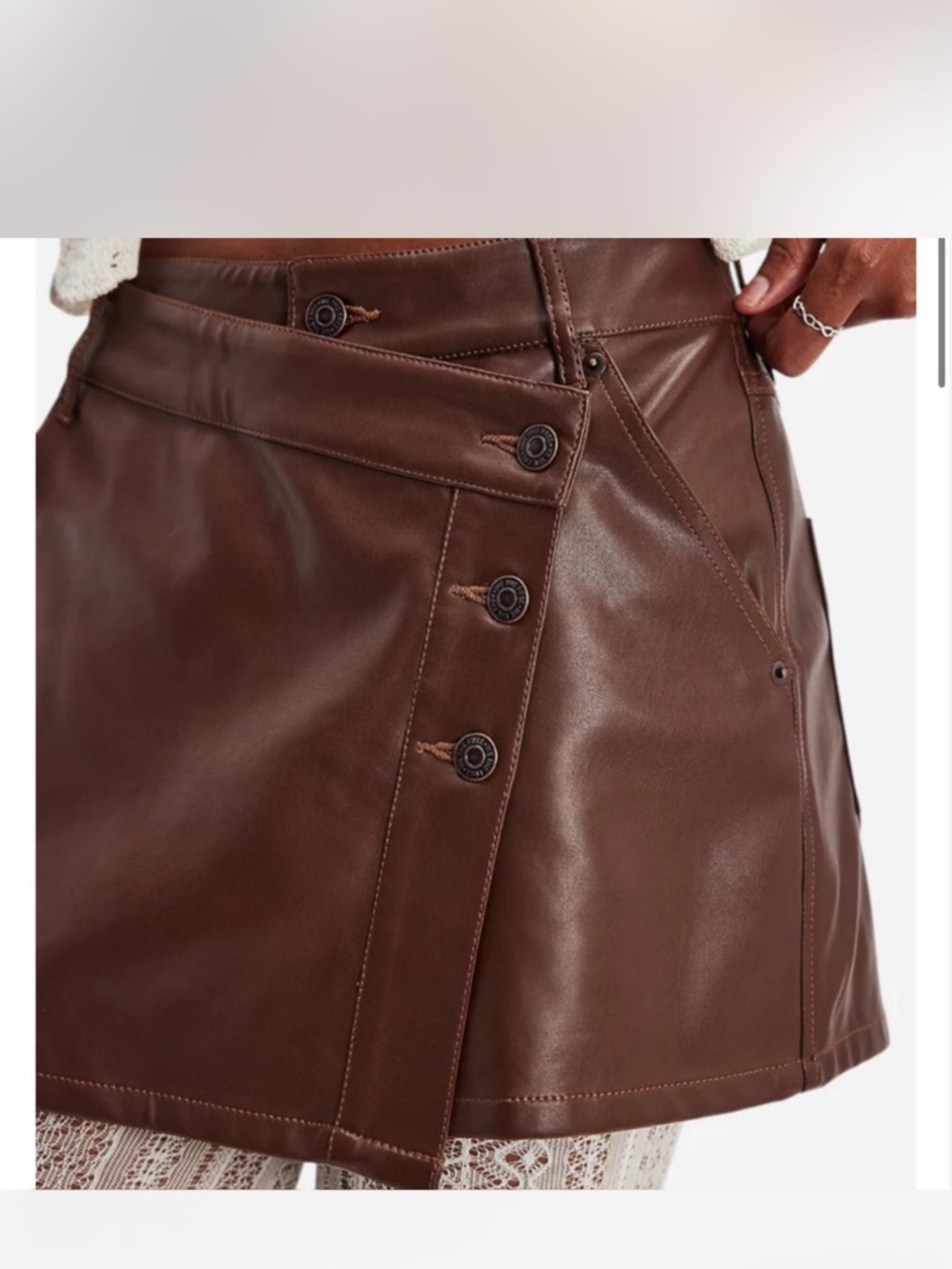 We The Free Brown Asymmetrical Faux Leather Button Mini Skirt